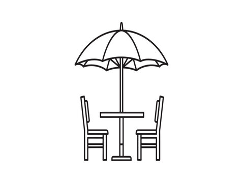 A simple line drawing of an outdoor table with two chairs and umbrella