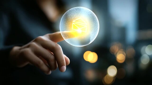 Faceless finger pressing glowing icon of email envelope heavily defocused background anonymous hand representing digital communication contact options in modern interface