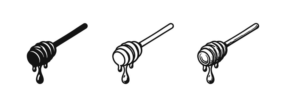 Honey dipper icon set with dripping honey in silhouette, outline, and hand-drawn doodle styles, representing natural sweetness.