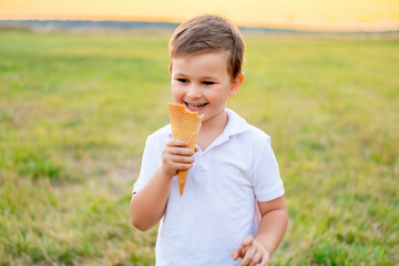 Fototapeta premium a little boy eats ice cream in the summer on a green lawn, having fun, a child walks in the summer evening laughing and smiling, summer holidays