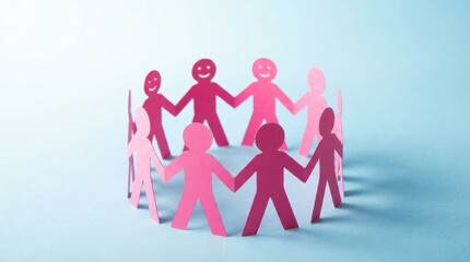 Pink Paper People Holding Hands in Circle on Blue Background Unity Concept
