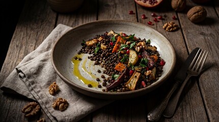 Gourmet black lentil salad with roasted vegetables and walnuts on a rustic wooden table.