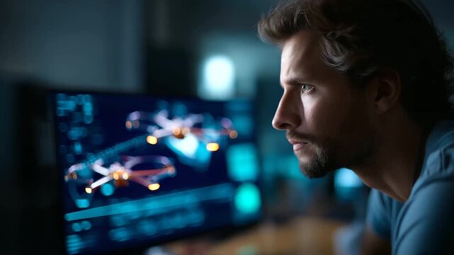 Faceless man analyzing drone flight plan heavily defocused digital interface background anonymous operator with advanced metrics display aerial technology monitoring unmanned