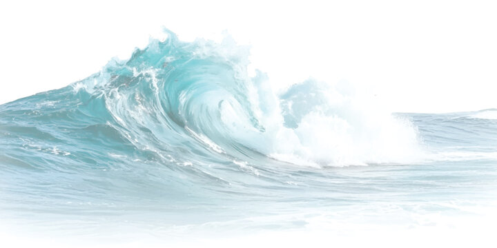 A large, powerful ocean wave crests and curls with vibrant blue water and white foam against a stark white background