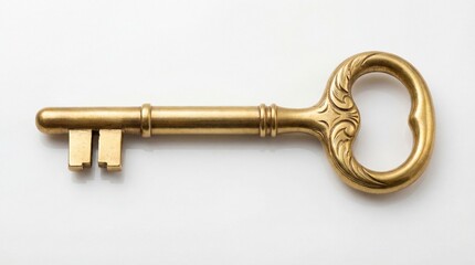 Vintage gold skeleton key with ornate heart shaped bow on white background symbolizing access and security