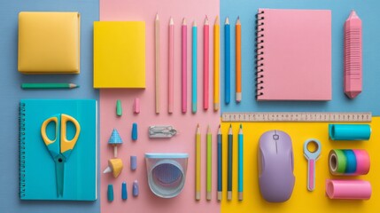 Fototapeta premium Vibrant Flat Lay of Colorful Stationery Supplies for Creative Preparation and Organization
