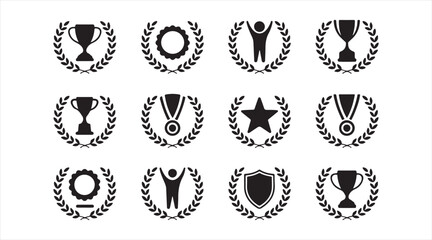 Laurel Wreath Award Badge Collection with Trophy and Medal Silhouettes
