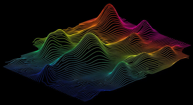 3D Data Visualization Topographic Map | Colorful Neon Glowing Lines Peaks and Valleys | Rainbow Digital Landscape on Black Background | Technological Wave Pattern Science | AI Computing Concept