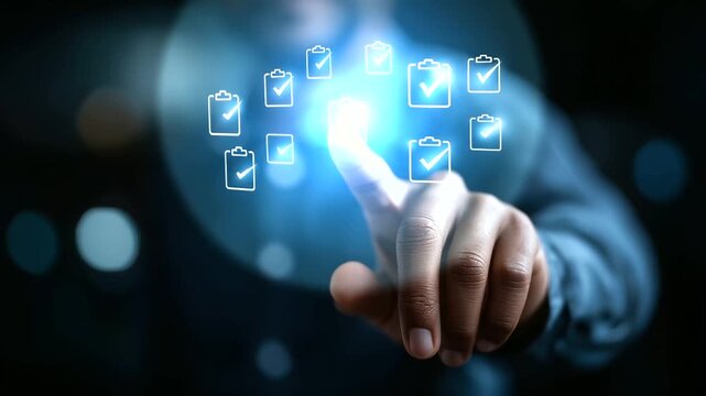 Faceless man's finger touching digital interface with checkmarks heavily defocused background anonymous hand with clipboard icons representing tasks completion visualization pro