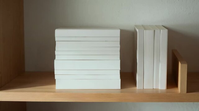 Entering frame, bare arms smoothing white stack on wooden shelf for neat display, bookend