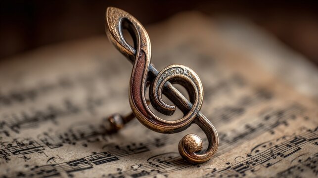 A vintage treble clef rests on an aged music sheet under warm soft lighting, captured with a shallow depth of field.
