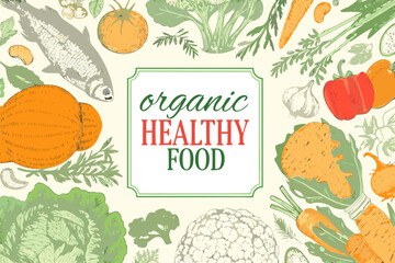 Fresh organic produce and seafood arranged in a colorful illustrative frame