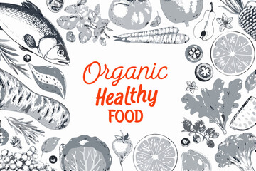 Stylized illustration of organic fruits vegetables and fish in grayscale