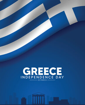 Greece Independence Day March 25 patriotic vector poster with waving national flag