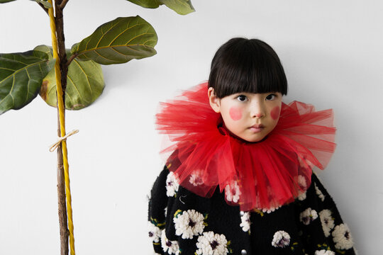 Child dressed in colorful costume with a red collar 