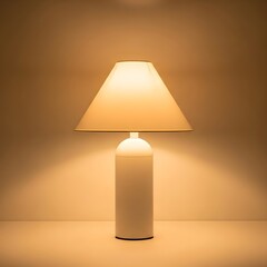 A warm and cozy table lamp with a soft glowing light and beige shade on a neutral background