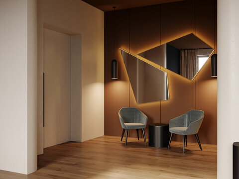 Entry space lobby with accent mirror and waiting area. Hotel or home