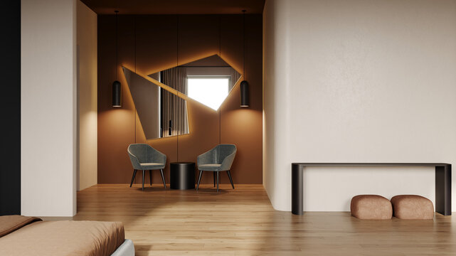 Modern home studio or hotel room. Hall, living and bedroom space 