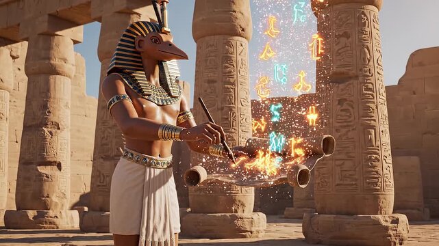 Thoth ibis-headed scribe writing glowing magical symbols on floating papyrus scroll in ancient Egyptian temple courtyard, mystical knowledge and magic ritual, daytime footage