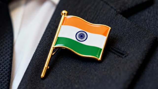 Tightening camera framing focusing on dark suit lapel at ceremony, revealing Indian tricolor pin