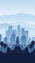 light blue los angeles skyline illustration with layered mountains