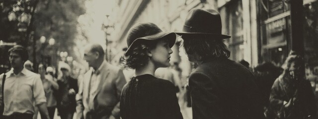 Vintage Moment on a Busy Street: Intimate Encounter Between a Couple in Film Style