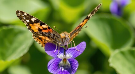 Obraz premium Butterfly on purple flower in sunlight detailed insect nature close up