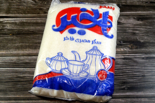 Cairo, Egypt, February 19 2026: Al Khair white sugar, table, granulated or regular sugar, made either of beet sugar or cane sugar, which has undergone a refining process, used to sweeten food, drink