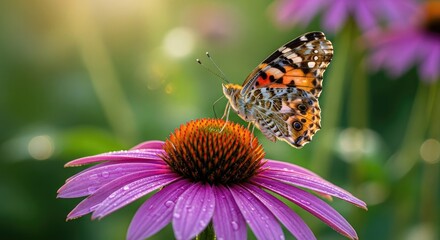 Butterfly perched on a vibrant purple coneflower in a sunny garden scene
