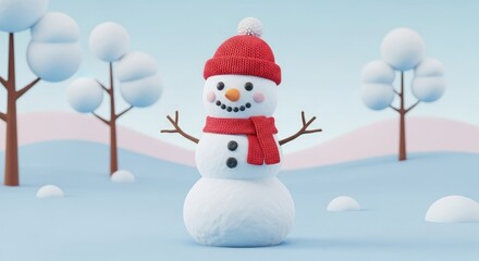 Fototapeta premium Cartoon snowman in winter landscape with red hat and scarf