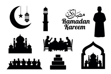 Naklejka premium Ramadan Kareem Silhouette Set – Islamic Symbols, Mosque, Prayer and Iftar Vector