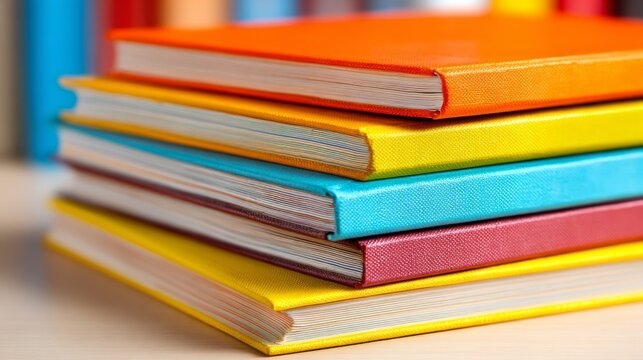 Colorful Textbooks Stacked Together on a Table Surrounded by Blurred Bookshelves in an Educational Setting