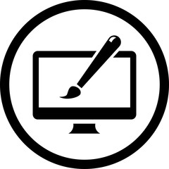 Digital Art Design Icon: Computer Monitor with Paintbrush Isolated on Transparent Background