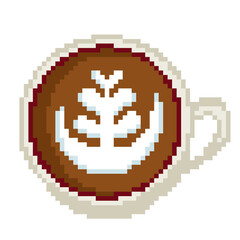 Obraz premium Coffee cup icon pixel art with rosette leaf latte art
