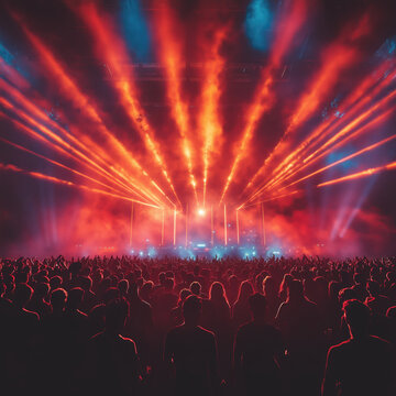 Rave concert, crowd dancing, lasers, lights, dance music, colourful red color party