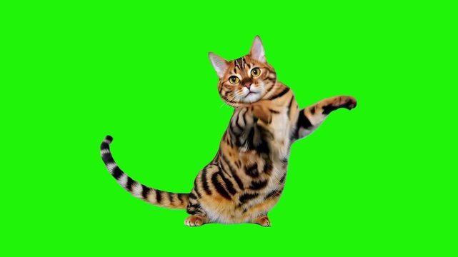 A 3D animated Bengal cat with distinct leopard-like spots performing a lively dance against a green chroma key backdrop. Great for high-energy social media memes and pet-related marketing.