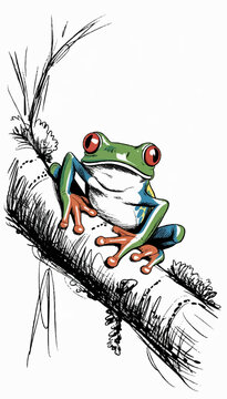 Vector illustration of a tree frog on a tree, drawn by hand with a black pen and markers.