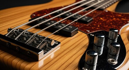 Fototapeta premium Close up of a wooden bass guitar with strings and control knobs