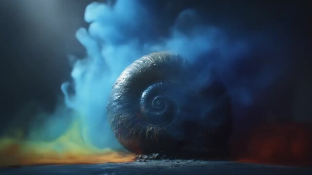 A detailed image of a spiral form that is surrounded by a vibrant and colorful smoky atmosphere
