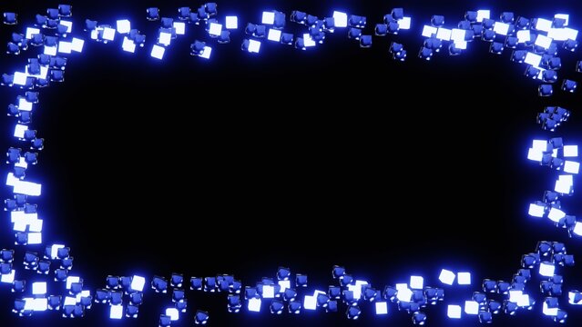 Horizontal 3D abstract frame border cubes squares pixels background copyspace banner template, blue neon glow on dark black, futuristic cyber tech data matrix, glossy metallic motion