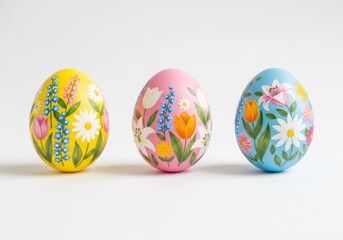 Fototapeta premium Three colorful easter eggs with floral patterns on white surface