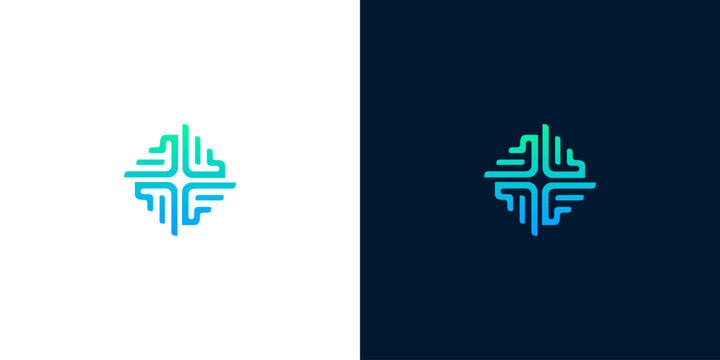 Modern abstract symmetrical logo design representing digital connections and technological progress, featuring flowing lines in a vibrant blue-green gradient