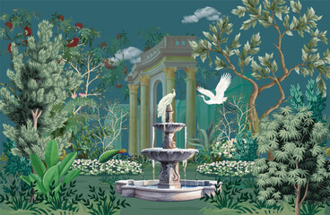  Roman ancient architecture, bird, botanical, peacock, landscape illustration for wallpaper  © NoniGopal