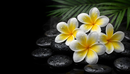 Fototapeta premium White and yellow plumeria flowers on black stones with green leaves 