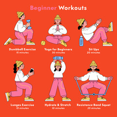 Beginner workouts at home with illustrated exercises on a colorful background