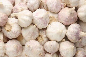 Fresh garlic bulbs as background, top view