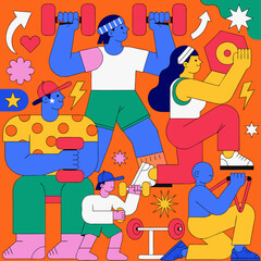 Dynamic fitness illustration featuring diverse characters working out in vibrant colors