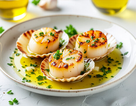 Nahaufnahme von gebratenen Jakobsmuscheln mit goldbrauner Kruste, serviert in der Schale mit Knoblauch-Kr&auml;uter-Butter auf einem wei&szlig;en Teller.