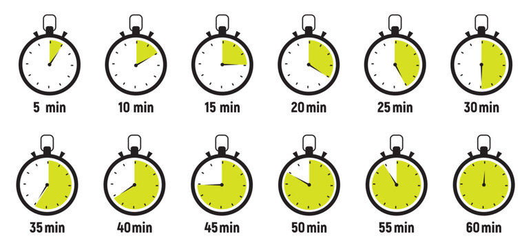 Timer, clock, stopwatch isolated set icons. Countdown timer symbol icon set. Label cooking time. Vector illustration.Set of analog clocks for every hour icon.Stopwatch icon from 1 to 60 minute timer
