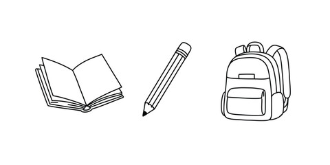 A simple illustration of a book, pencil, and backpack arranged together on a plain surface from a straightforward viewpoint